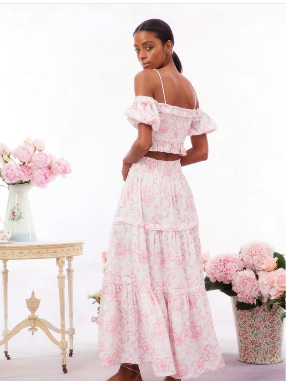 LoveShackFancy Pink Floral Tiered Maxi Skirt and Top - Picture 3 of 11
